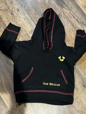 True Religion Black Hoodie with Red Stitching and Gold Logo